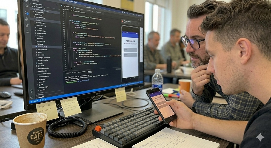 Two senior engineers reviewing app code together