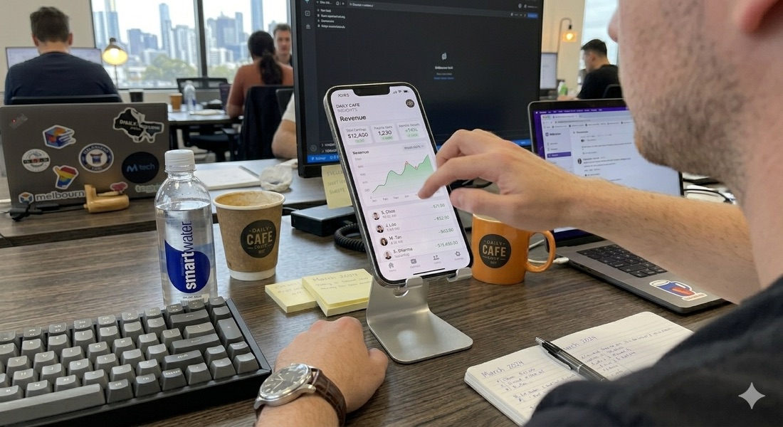 A live client revenue dashboard running on a phone