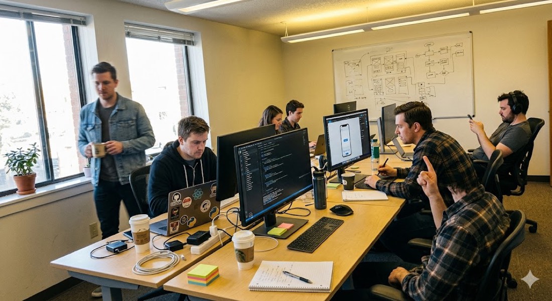 Valocity engineers building a custom app together in the studio