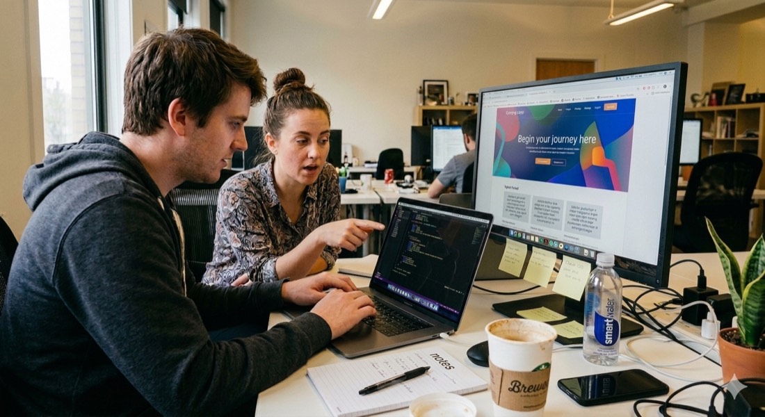 Two team members reviewing a custom website build on screen