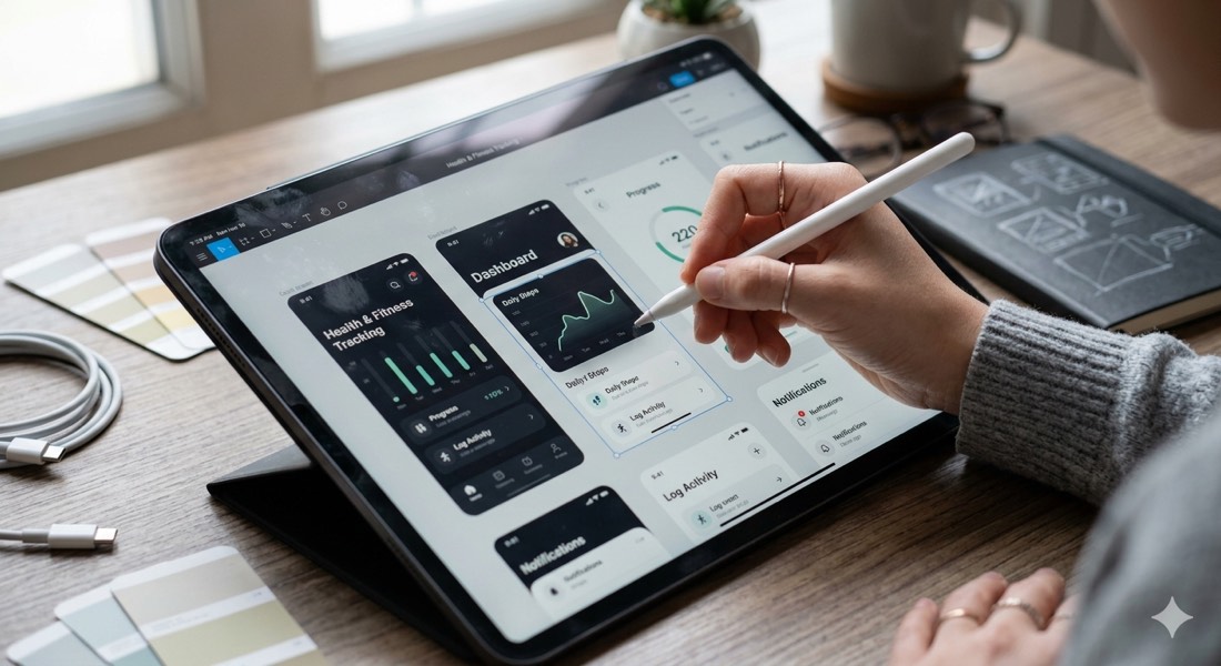 Designer crafting an app UI on a tablet with screen mockups